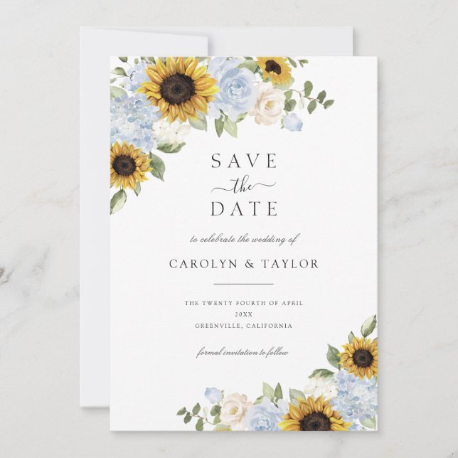 Invitation Tournesols Dusty Bleu Floral Rustique Enregistrer  (Devant)