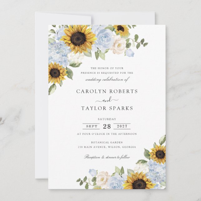 Invitation Tournesols Dusty Blue Fleurs Mariage verdoyant (Devant)