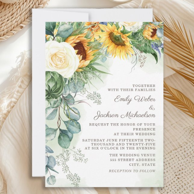 Invitation Tournesols Élégants Eucalyptus Roses Blanches Mari (Elegant country-style sunflowers and eucalyptus wedding invitation)