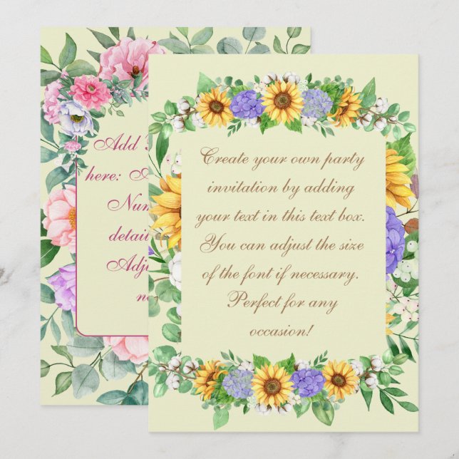 Invitation Tournesols Élégants & Hortensias Bleus (Devant / Derrière)