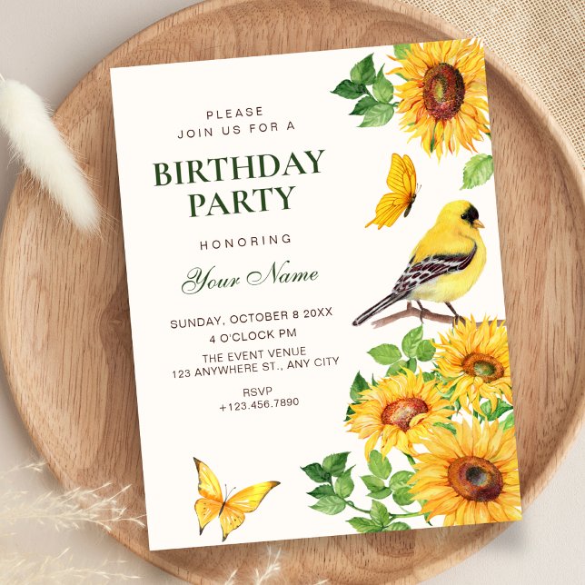 Invitation Tournesols élégants oiseau anniversaire (Créateur téléchargé)
