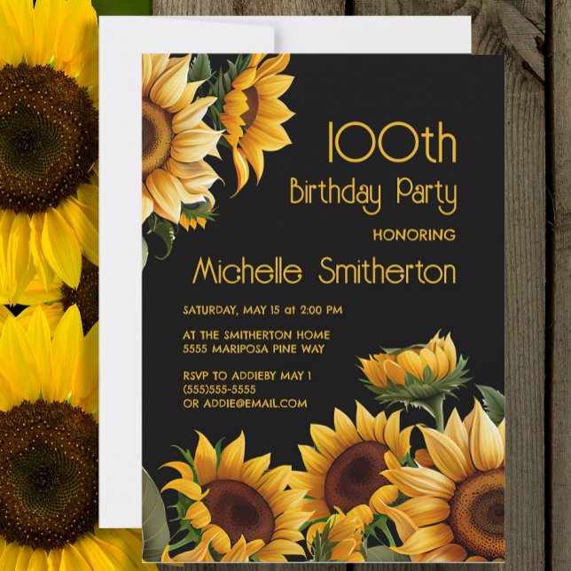 Invitation Tournesols Élégants Rustiques Noirs 100e Anniversa (Sunflowers on black 100th birthday invitation)