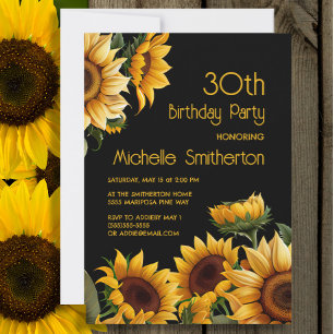 Invitation Tournesols Élégants Rustiques Noirs 30ème Annivers