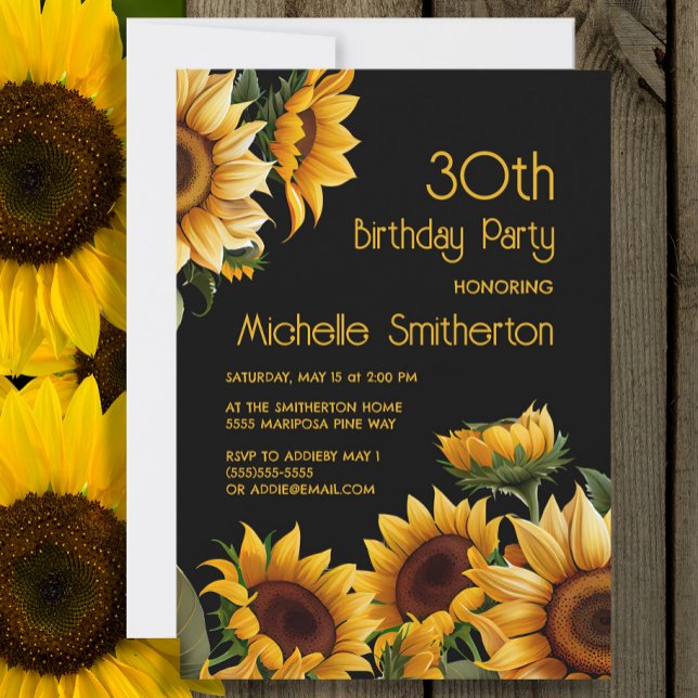 Invitation Tournesols Élégants Rustiques Noirs 30ème Annivers (Sunflowers on black 30th birthday party invitation)