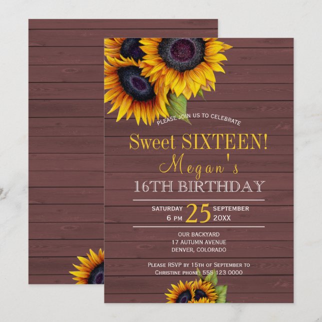 Invitation Tournesols en bois de grange chic rustique seize a (Devant / Derrière)