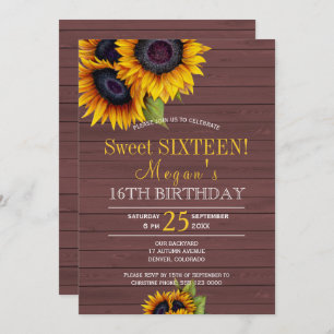 Invitation Tournesols en bois de grange chic sweet sixteen ru