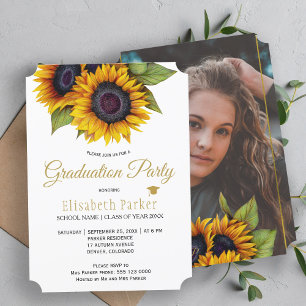 Invitation Tournesols en or rustique PHOTO graduation d'été