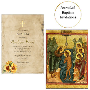 Invitation Tournesols en parchemin rustique Baptême orthodoxe