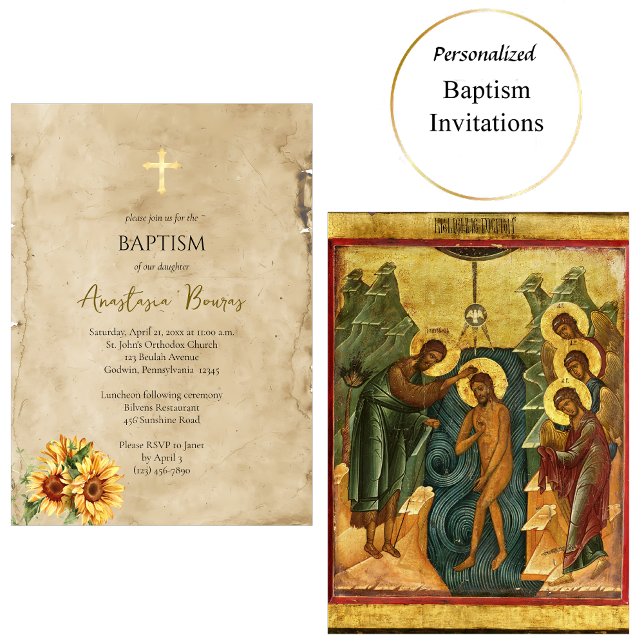 Invitation Tournesols en parchemin rustique Baptême orthodoxe (Créateur téléchargé)