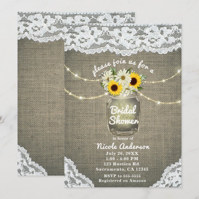 Invitation Tournesols et marguerites en burlap dentelle pot m (Devant / Derrière)