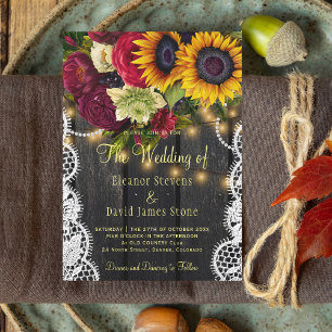 Invitation Tournesols et rose vintage mariage en bois rustiqu