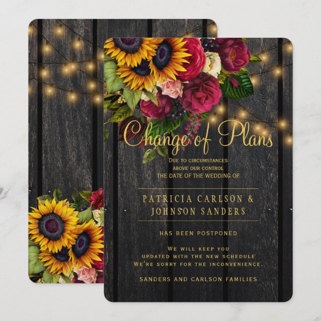 Invitation Tournesols et roses tombent mariage changement de  (Devant / Derrière)
