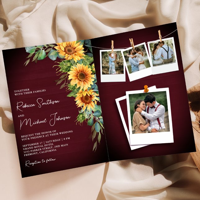 Invitation Tournesols Eucalyptus Bourgogne Code QR Mariage (Créateur téléchargé)