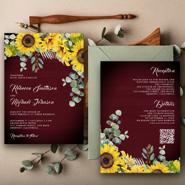 Invitation Tournesols Eucalyptus Code QR Mariage Bourgogne (Créateur téléchargé)