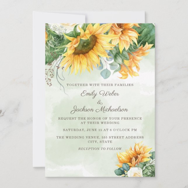 Invitation Tournesols Eucalyptus Roses Blanches Mariage (Devant)