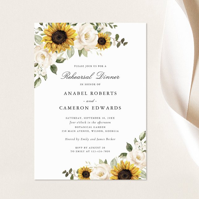 Invitation Tournesols Fleurs Blanches Dîner de Répétition Mar (Créateur téléchargé)