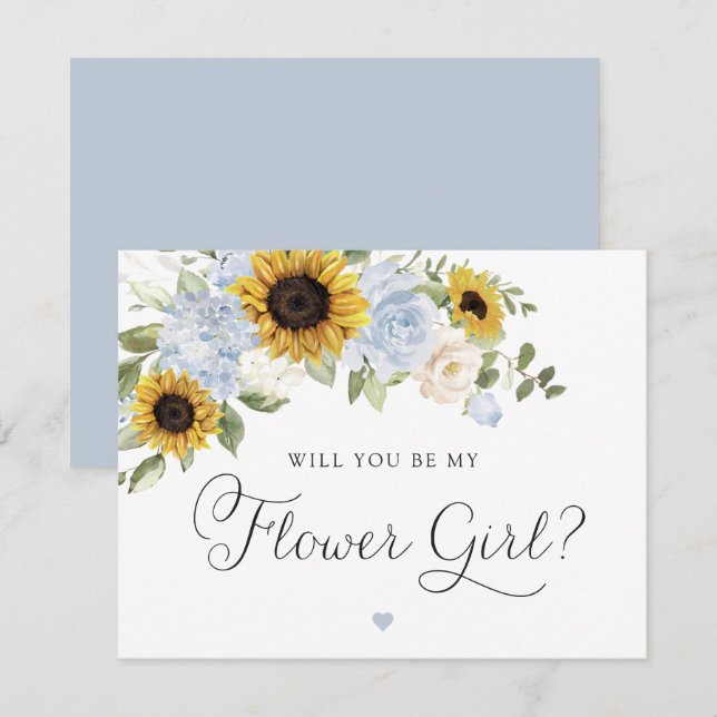 Invitation Tournesols Fleurs de Fille de Mariage Bleu Poussié (Devant / Derrière)