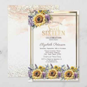 Invitation Tournesols Fleurs Violettes Cadre Sweet 16