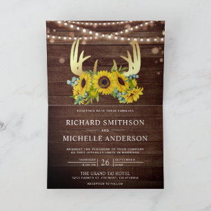 Invitation Tournesols Floral Or Antler Bois Code QR Mariage