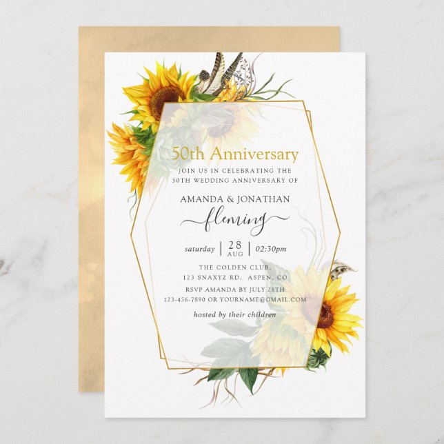 Invitation Tournesols Géométrique 50e Anniversaire de Mariage (Devant / Derrière)