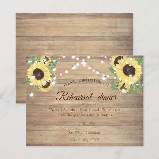 Invitation Tournesols, Guirlandes Lumineuses, Bois  Dîner de  (Devant / Derrière)