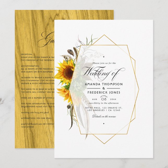 Invitation Tournesols Herbier Rustique Mariage Bohème (Devant / Derrière)