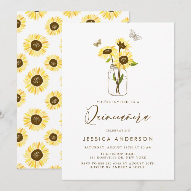 Invitation Tournesols jaunes dans un Mason Jar Quinceañera (Devant / Derrière)