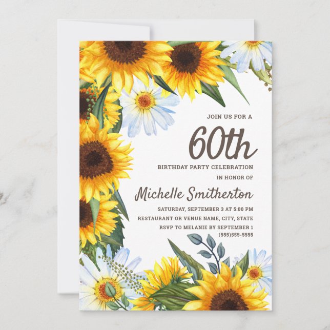 Invitation Tournesols Jaunes Marguerites Blanches 60ème Anniv (Devant)