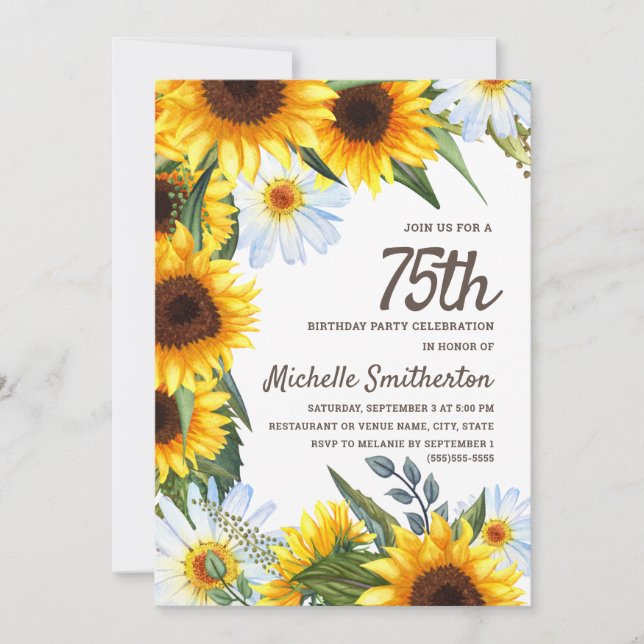 Invitation Tournesols jaunes Marguerites blanches 75e anniver (Devant)