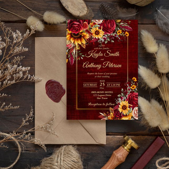 Invitation tournesols jaunes mariage de automne bordeaux (Fall rustic cottagecore wedding burgundy roses yellow sunflowers invitation template digital downloa)