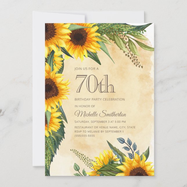 Invitation Tournesols Jaunes Rustiques 70e Anniversaire (Devant)