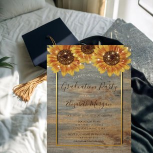 Invitation Tournesols,Lumières, Bois,Cadre doré Graduation 