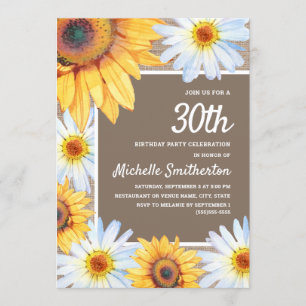 Invitation Tournesols Marguerites blanches Toile de jute 30e