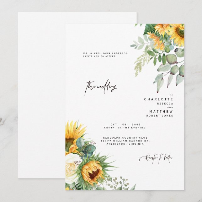 Invitation Tournesols Modernes En Fleurs Verdure Parents (Devant / Derrière)