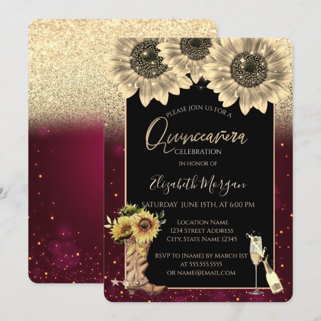 Invitation Tournesols Pailletés Or, Quinceanera Bordeaux  (Devant / Derrière)