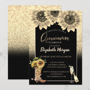 Invitation Tournesols Pailletés Or, Quinceañera Rustique en V
