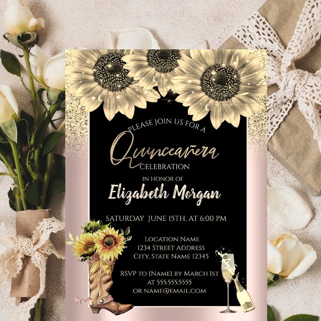 Invitation Tournesols Pailletés Or, Rose Gold Quinceanera (Créateur téléchargé)