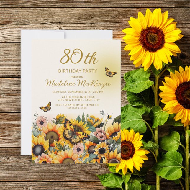 Invitation Tournesols papillons 80e fête d'anniversaire (Créateur téléchargé)