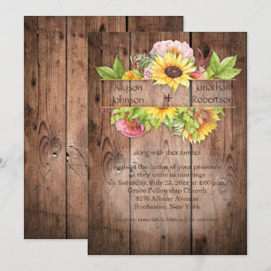 Invitation Tournesols Pivoines Verdure Bois de grange Mariage