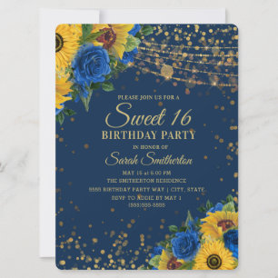 Invitation Tournesols Roses Bleues Or Paillettes Sweet 16