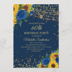 Invitation Tournesols Roses Bleues Paillettes Dorées 60ème An