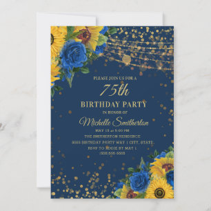 Invitation Tournesols Roses Bleues Paillettes Dorées 75e Anni