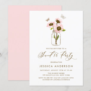 Invitation Tournesols roses dans Mason Jar Sweet sixteen rust