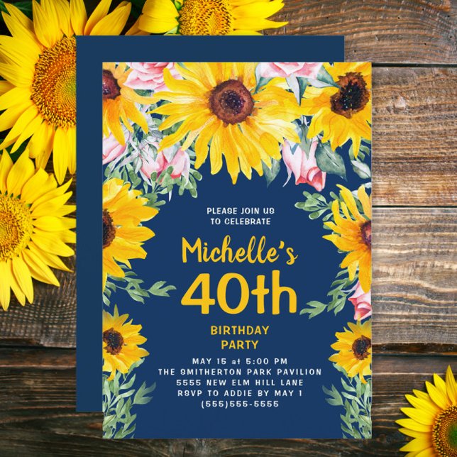 Invitation Tournesols Roses roses bleu marine 40e anniversair (Sunflowers and pink roses on navy blue 40th birthday party invitation)