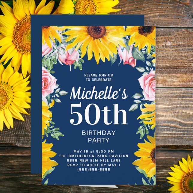 Invitation Tournesols Roses roses bleu marine 50e anniversair (Sunflowers and pink roses on navy blue 50th birthday party invitation)