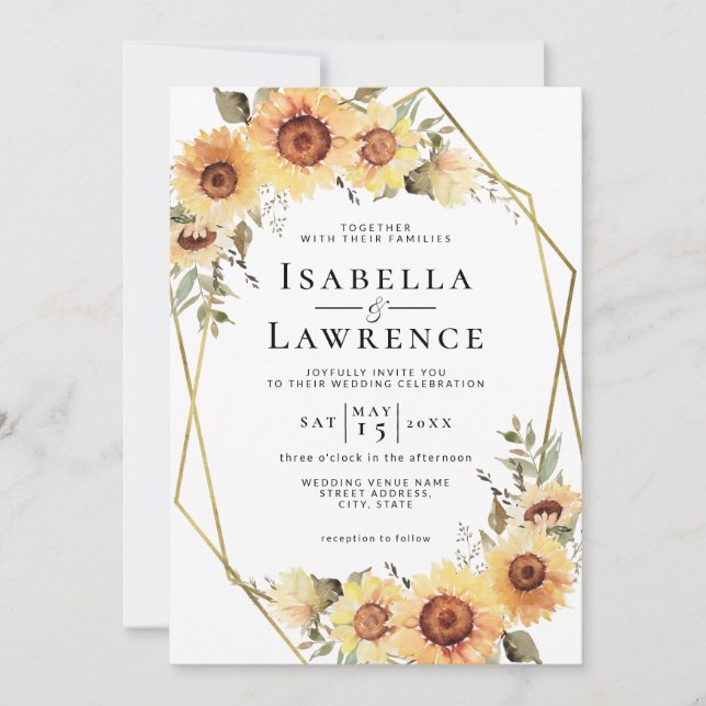 Invitation Tournesols Rustique Boho Floral Mariage or (Devant)