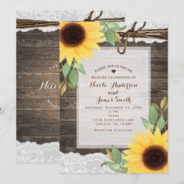 Invitation Tournesols Rustique Bois  & Dentelle Mariage Champ (Devant / Derrière)