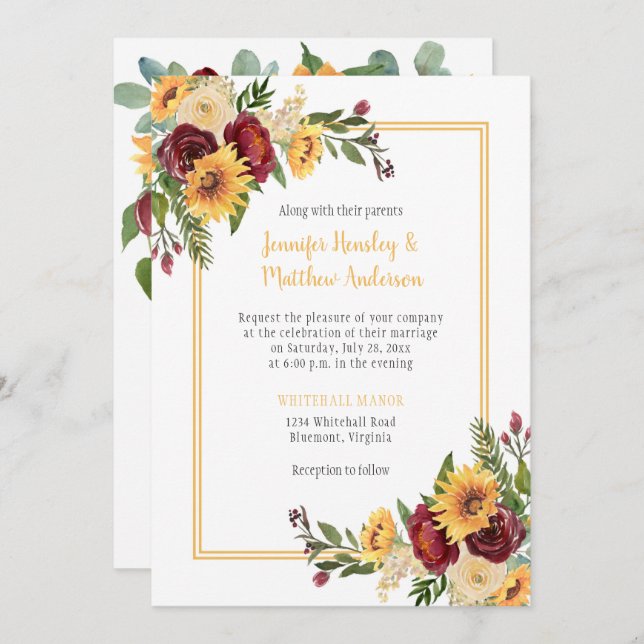 Invitation Tournesols rustiques & Burgundy Peonies Mariage Ro (Devant / Derrière)