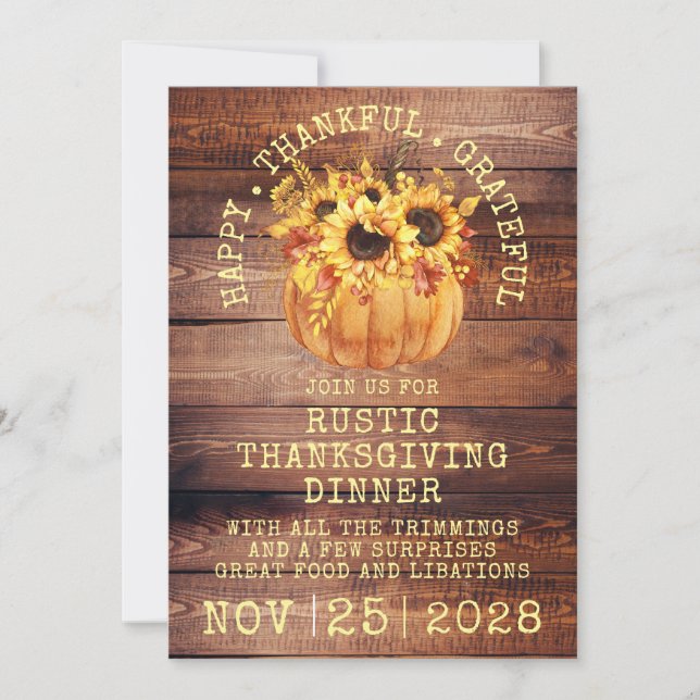 Invitation Tournesols Rustiques Citrouille Bois Thanksgiving  (Devant)