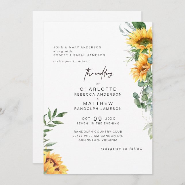 Invitation Tournesols rustiques d'élégance en Mariage de fleu (Devant / Derrière)